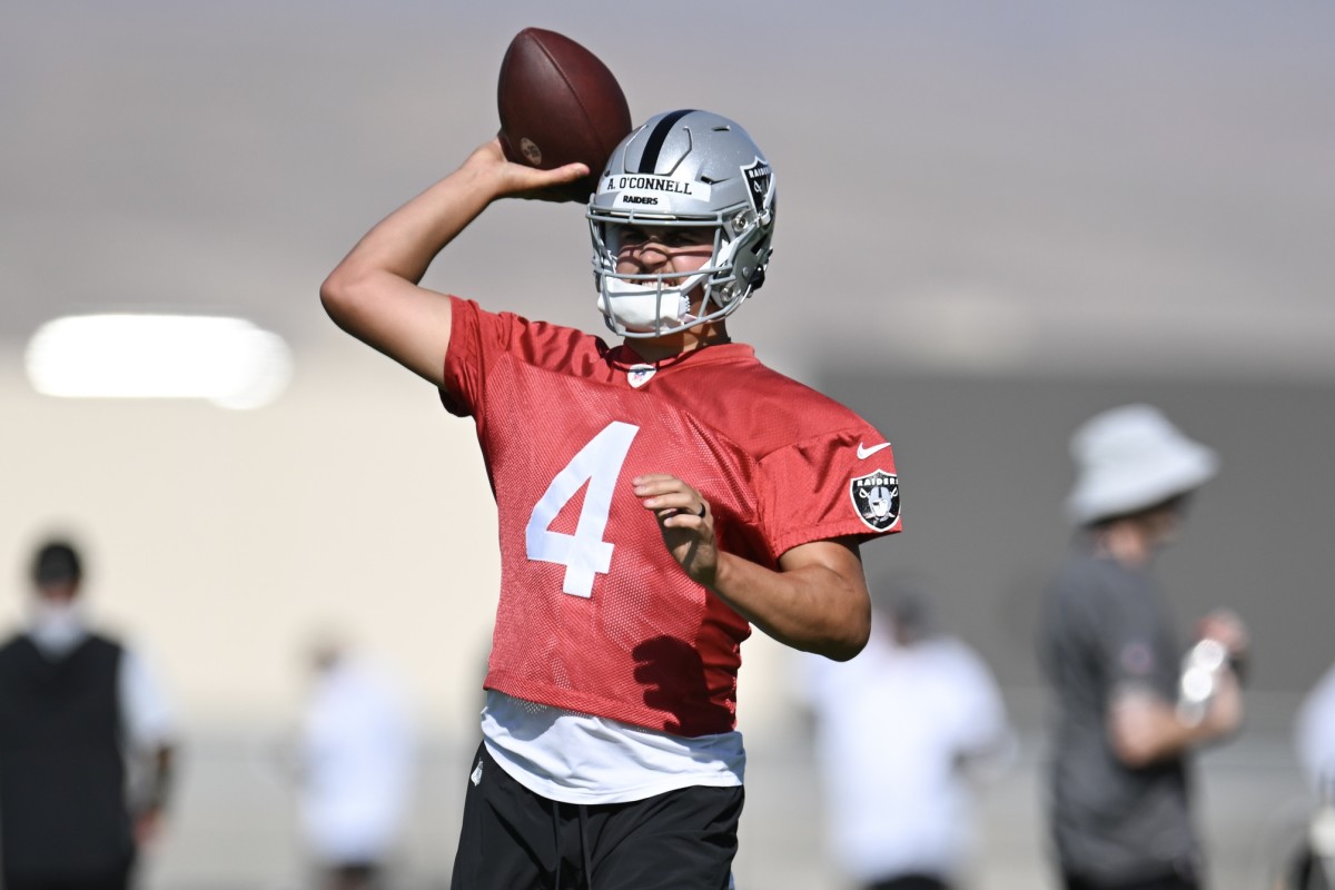 Raiders rookie quarterback Aidan O'Connell at training camp in Las Vegas.
